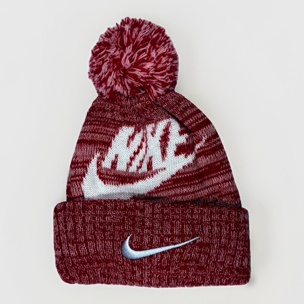 Nike Sportswear Cuffed Pom Beanie Red White Knit Winter Hat NWT Unisex